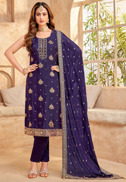 Embroidered Art Silk Pakistani Suit in Navy Blue
