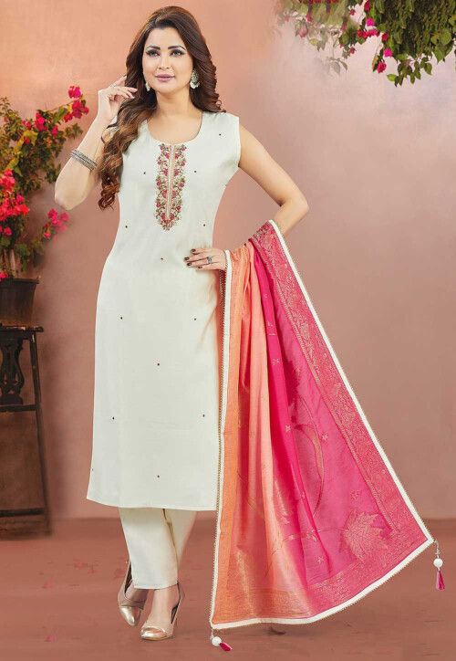 Embroidered Art Silk Pakistani Suit in Off White