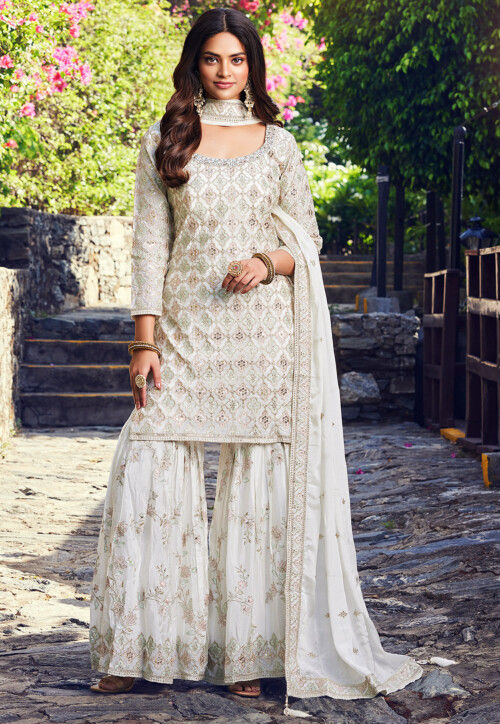 Embroidered Art Silk Pakistani Suit in Off White