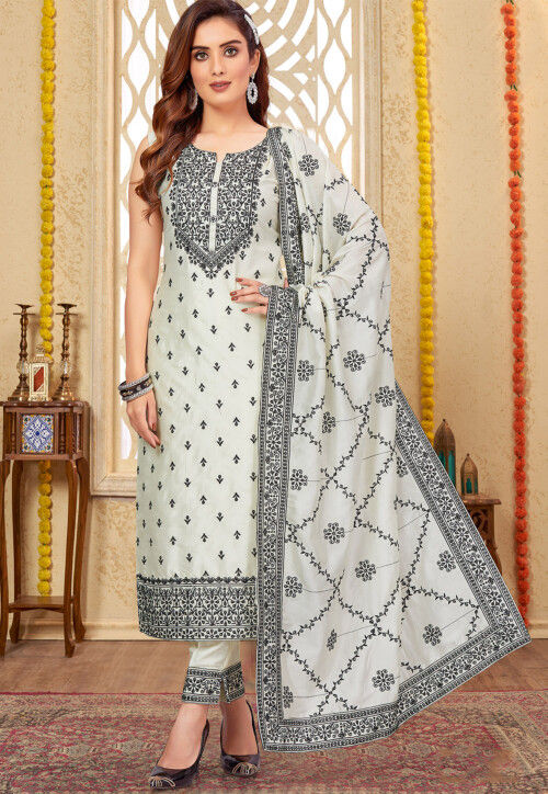 Off White Cotton Embroidered Churidar Suit