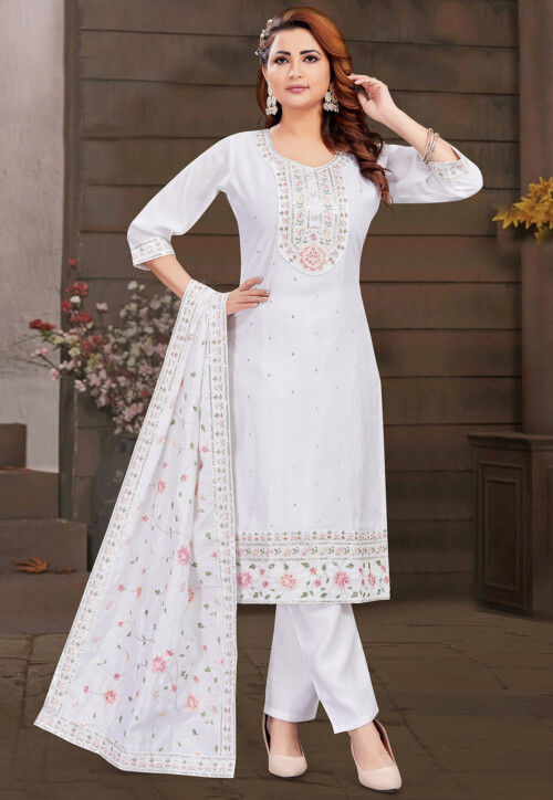 Embroidered Art Silk Pakistani Suit in Off White