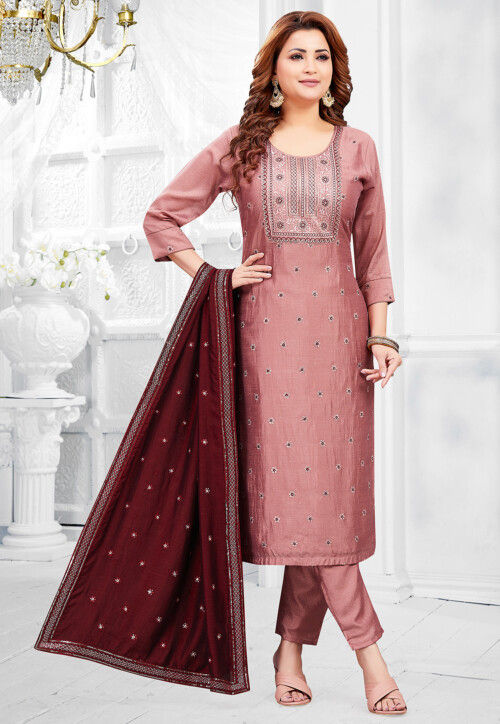 Embroidered Art Silk Pakistani Suit in Old Rose