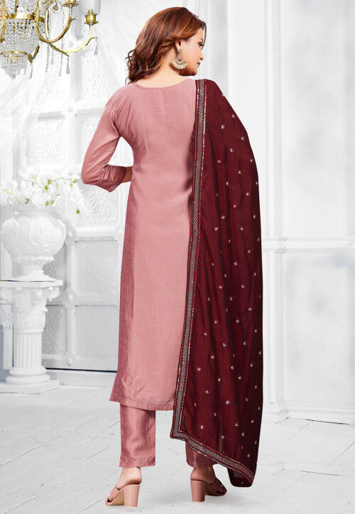 Embroidered Art Silk Pakistani Suit in Old Rose