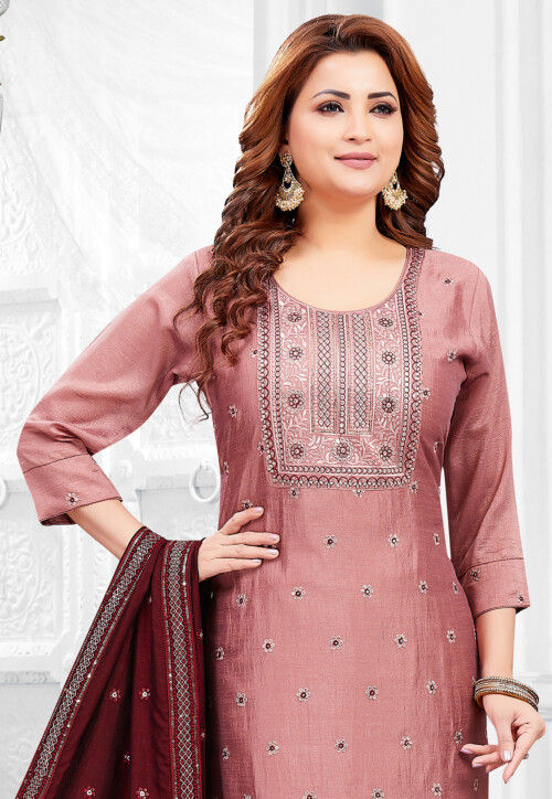 Embroidered Art Silk Pakistani Suit in Old Rose