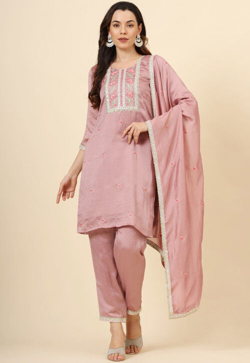 Embroidered Art Silk Pakistani Suit in Old Rose