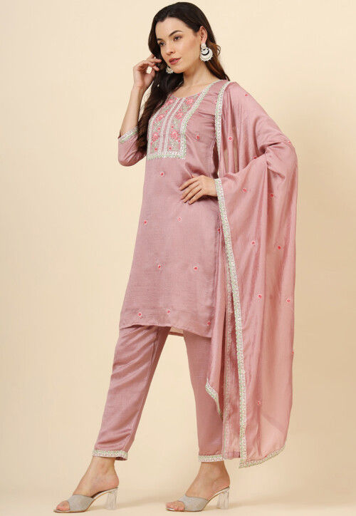 Embroidered Art Silk Pakistani Suit in Old Rose