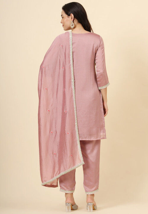 Embroidered Art Silk Pakistani Suit in Old Rose