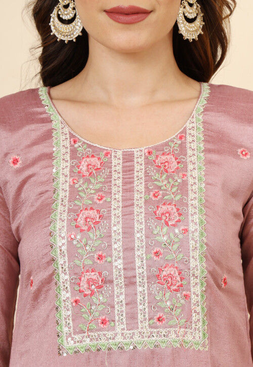 Embroidered Art Silk Pakistani Suit in Old Rose