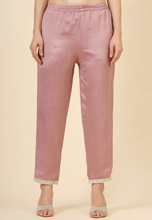 Embroidered Art Silk Pakistani Suit in Old Rose