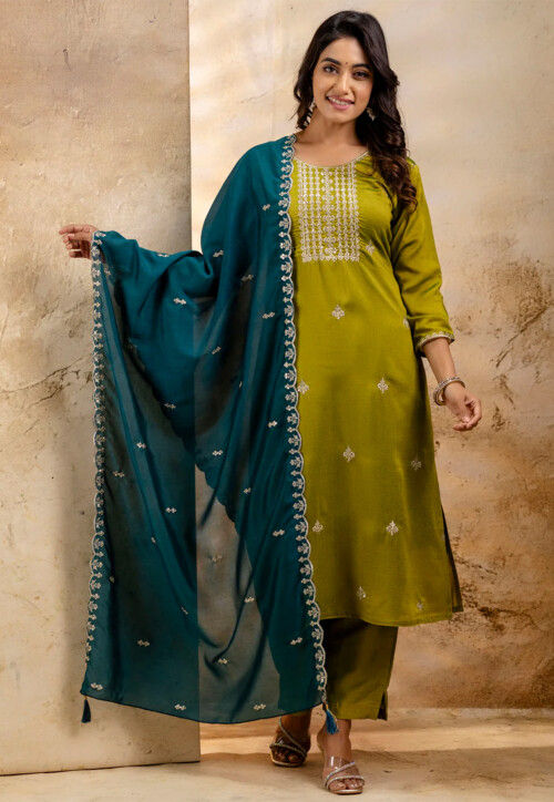 Embroidered Art Silk Pakistani Suit in Olive Green