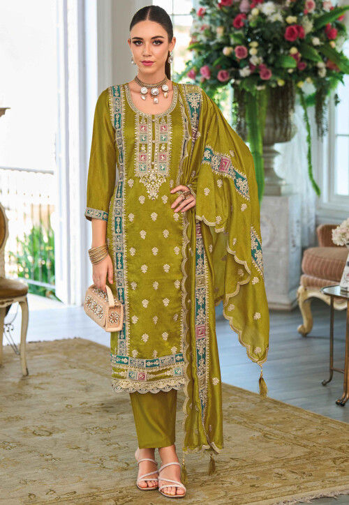 Embroidered Art Silk Pakistani Suit in Olive Green