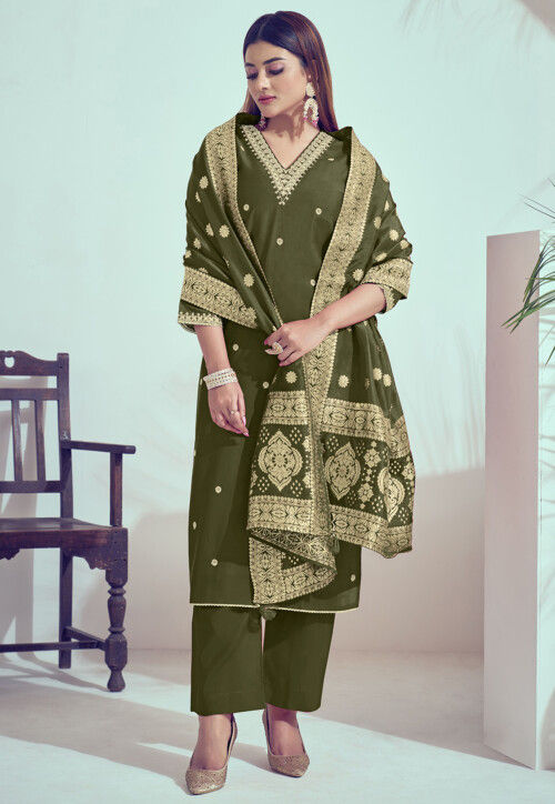 Embroidered Art Silk Pakistani Suit in Olive Green