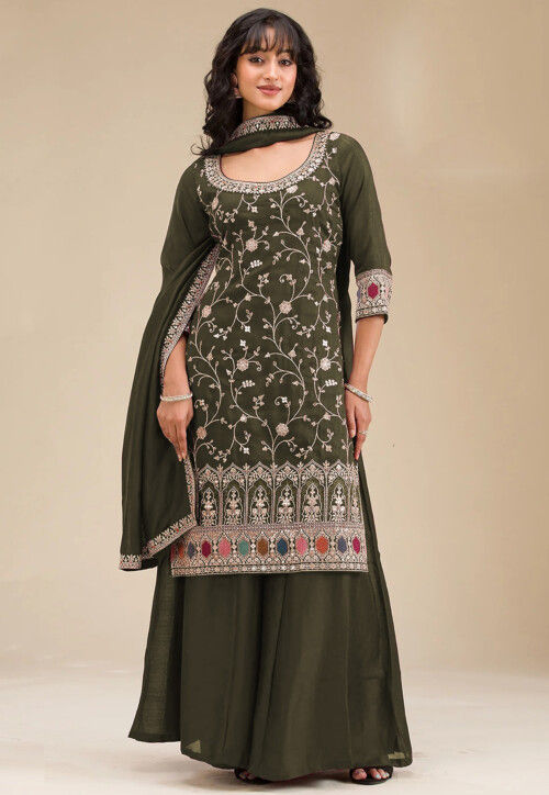Embroidered Art Silk Pakistani Suit in Olive Green
