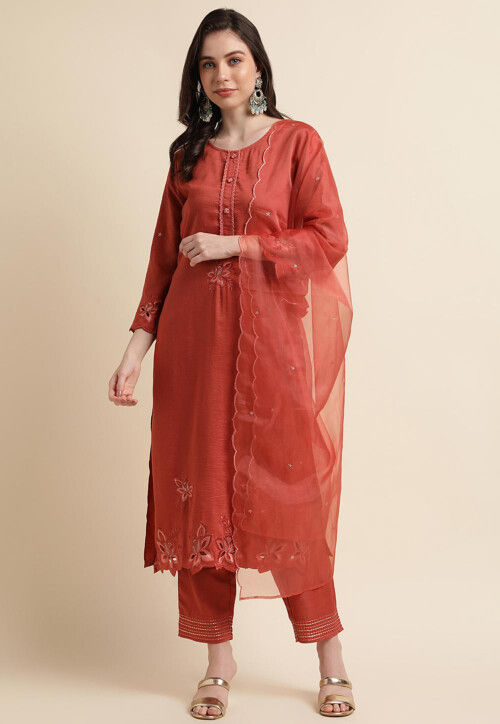 Embroidered Art Silk Pakistani Suit in Orange
