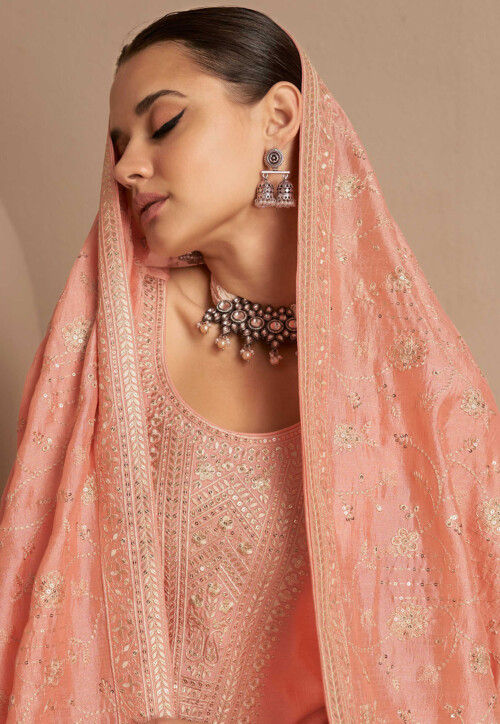 Embroidered Art Silk Pakistani Suit in Peach