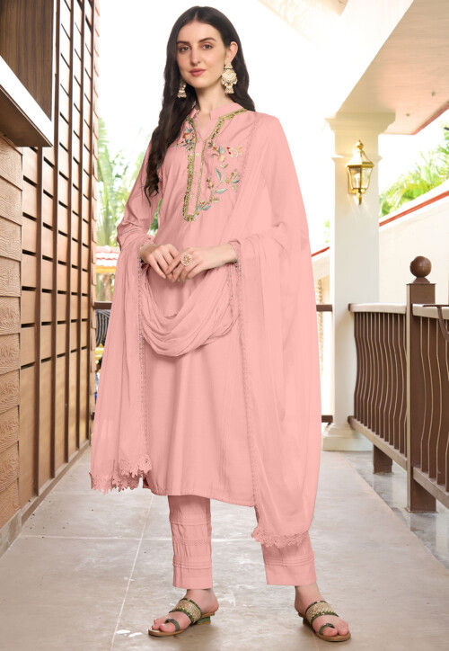 Embroidered Art Silk Pakistani Suit in Peach