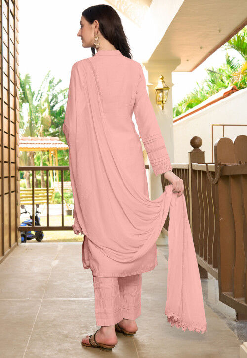 Embroidered Art Silk Pakistani Suit in Peach