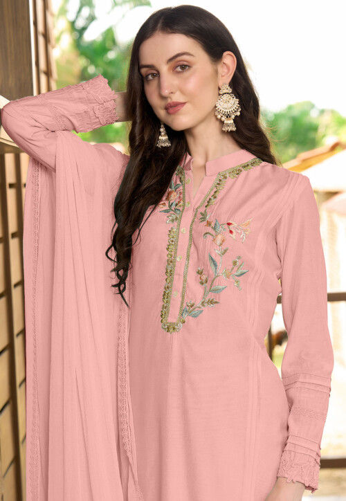 Embroidered Art Silk Pakistani Suit in Peach
