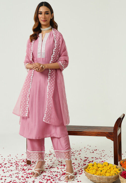 Embroidered Art Silk Pakistani Suit in Pink