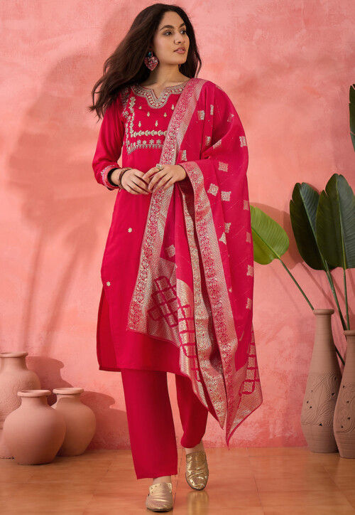 Embroidered Art Silk Pakistani Suit in Pink