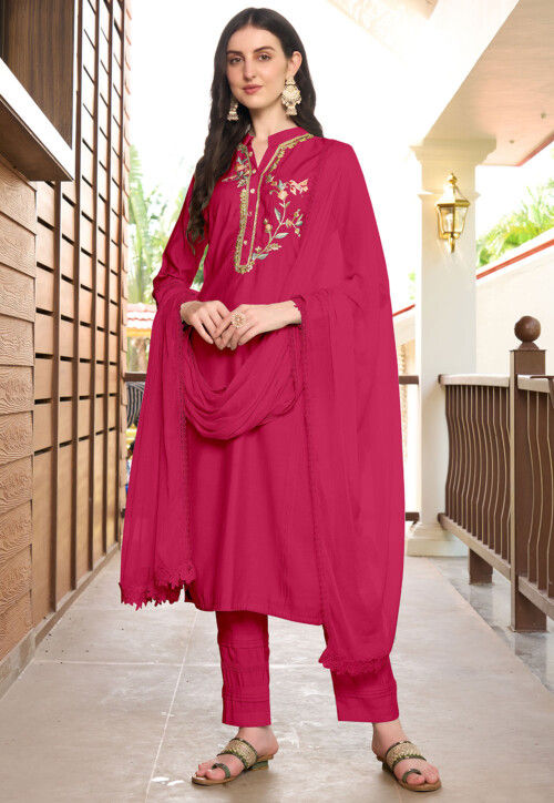 Embroidered Art Silk Pakistani Suit in Pink