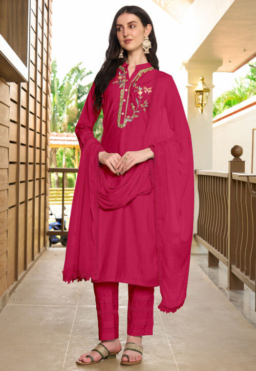 Embroidered Art Silk Pakistani Suit in Pink