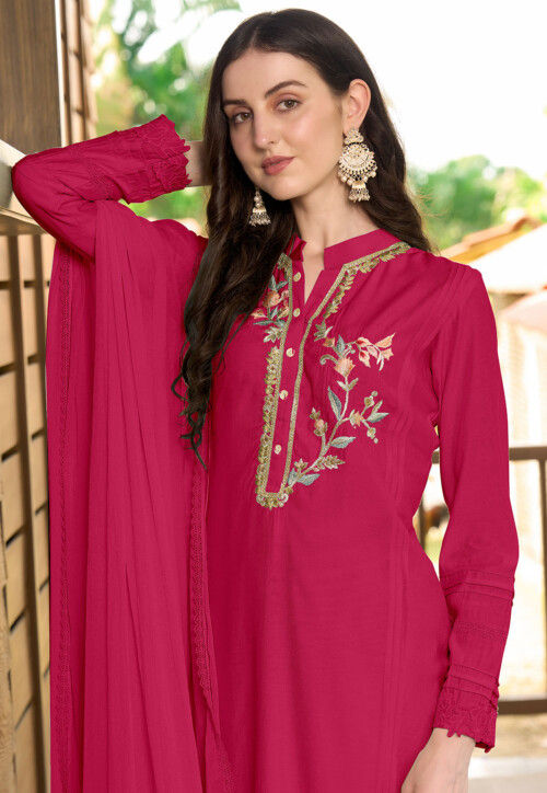Embroidered Art Silk Pakistani Suit in Pink