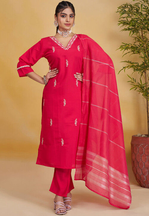 Embroidered Art Silk Pakistani Suit in Pink