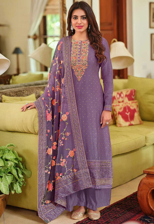 Embroidered Art Silk Pakistani Suit in Purple