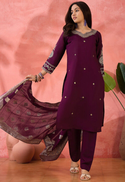 Embroidered Art Silk Pakistani Suit in Purple