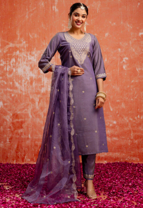 Embroidered Art Silk Pakistani Suit in Purple
