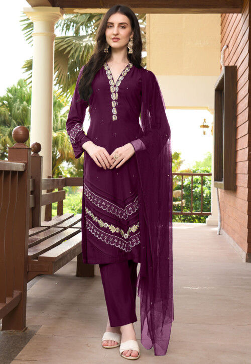 Embroidered Art Silk Pakistani Suit in Purple