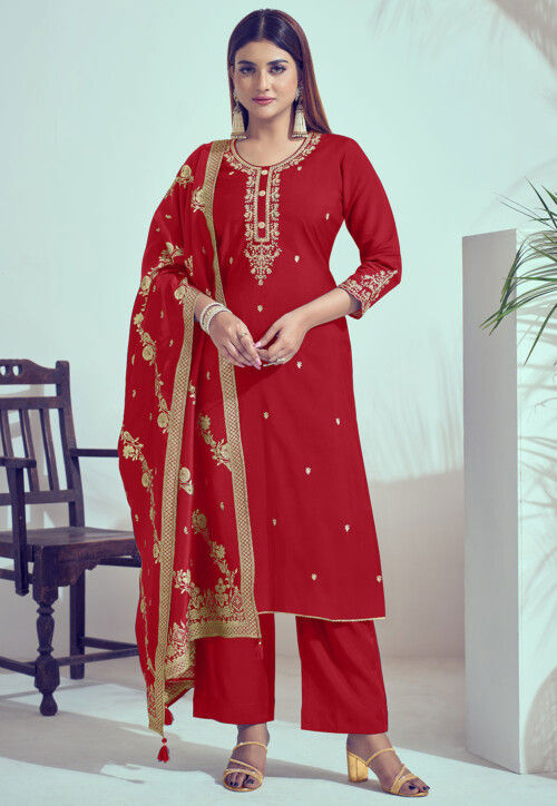 Embroidered Art Silk Pakistani suit in Red