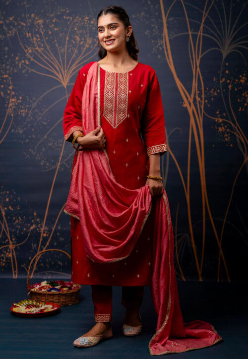 Embroidered Art Silk Pakistani Suit in Red