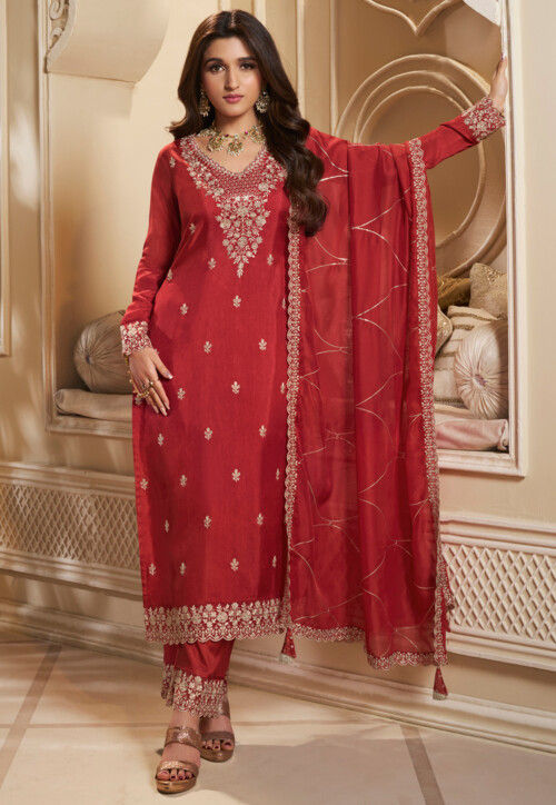 Buy Embroidered Art Silk Pakistani Suit in Red Online KKE124