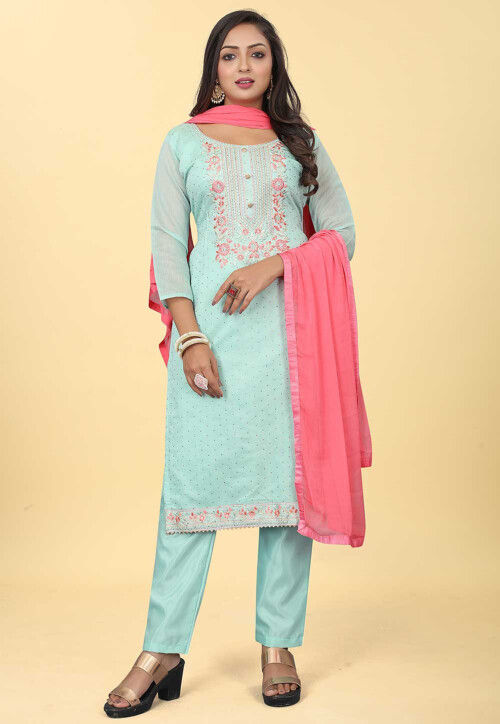 Embroidered Art Silk Pakistani Suit in Sky Blue