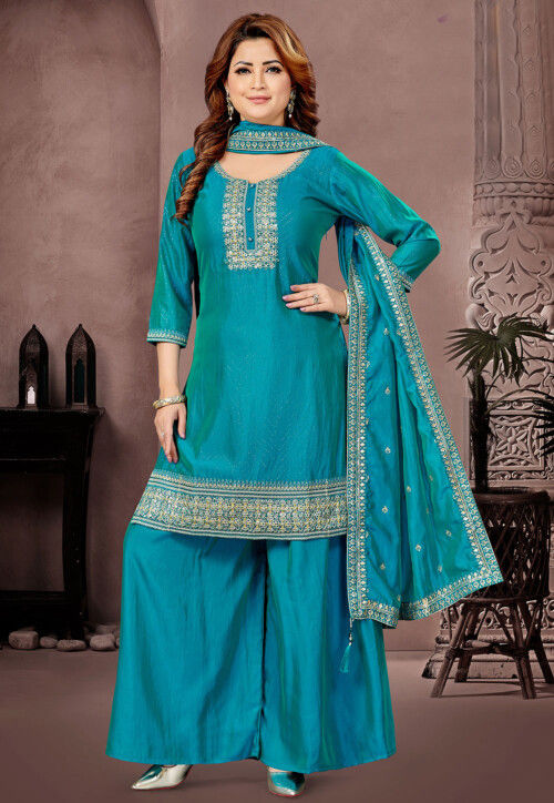 Embroidered Art Silk Pakistani Suit in Teal Blue