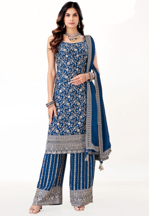 Embroidered Art Silk Pakistani Suit in Teal Blue