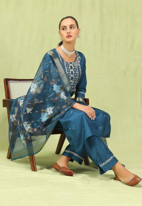 Embroidered Art Silk Pakistani Suit in Teal Blue