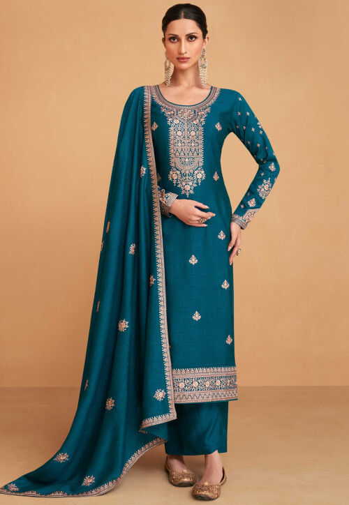 Embroidered Art Silk Pakistani Suit in Teal Blue