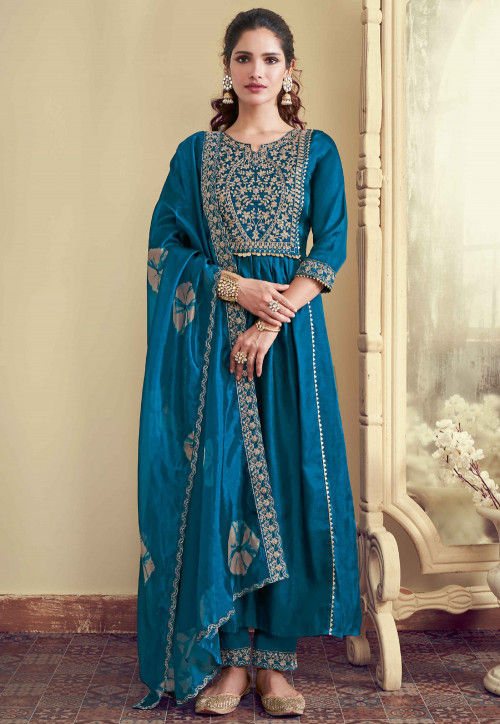 Embroidered Art Silk Pakistani Suit in Teal Blue : KCH7794