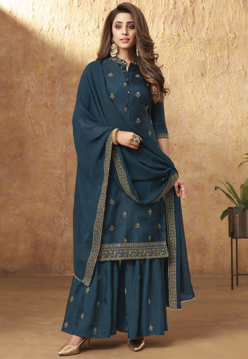 Embroidered Art Silk Pakistani Suit in Teal Blue : KCH7971
