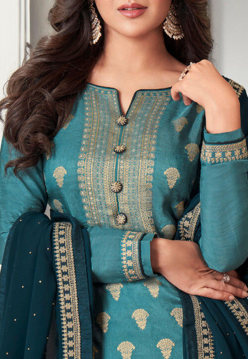 Embroidered Art Silk Pakistani Suit in Teal Blue : KCH8521
