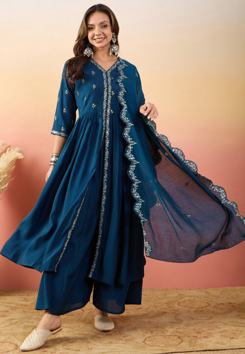 Embroidered Art Silk Pakistani Suit in Teal Blue