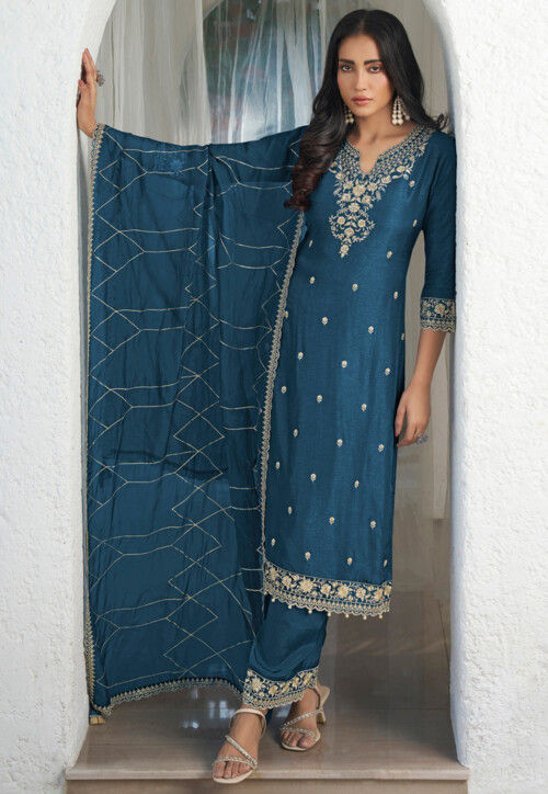 Embroidered Art Silk Pakistani Suit in Teal Blue