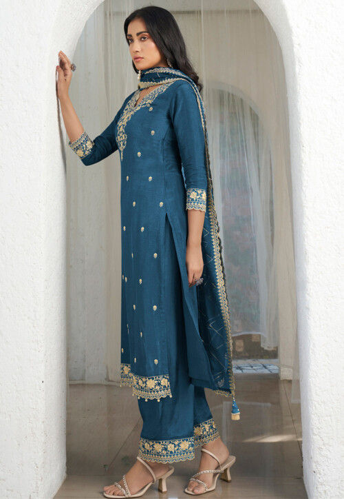 Embroidered Art Silk Pakistani Suit in Teal Blue