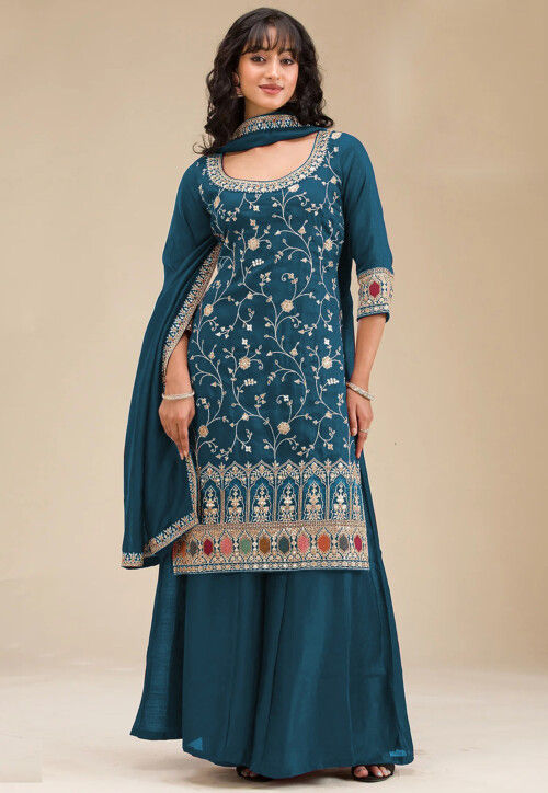 Embroidered Art Silk Pakistani Suit in Teal Blue