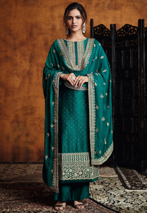 Embroidered Art Silk Pakistani Suit in Teal Blue : KUF15255