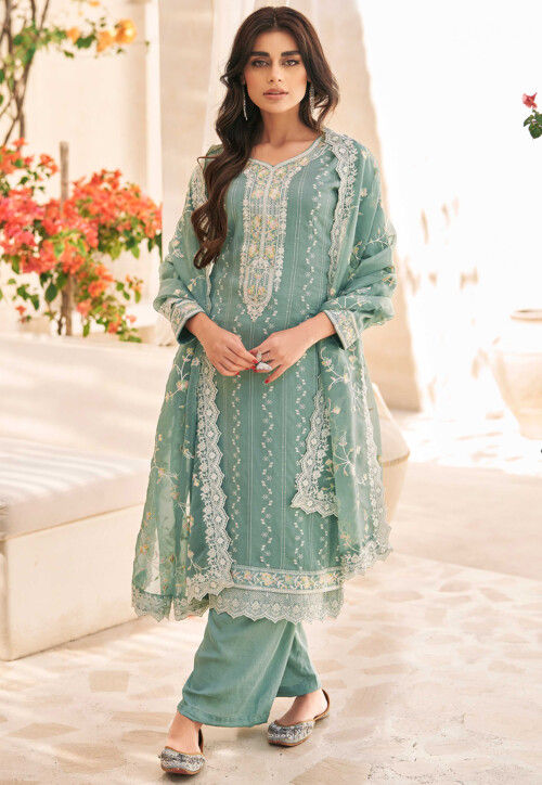 Embroidered Art Silk Pakistani Suit in Teal Green