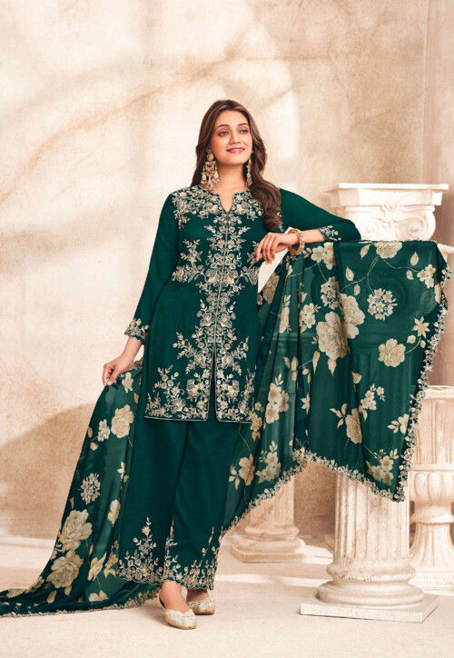 Embroidered Art Silk Pakistani Suit in Teal Green